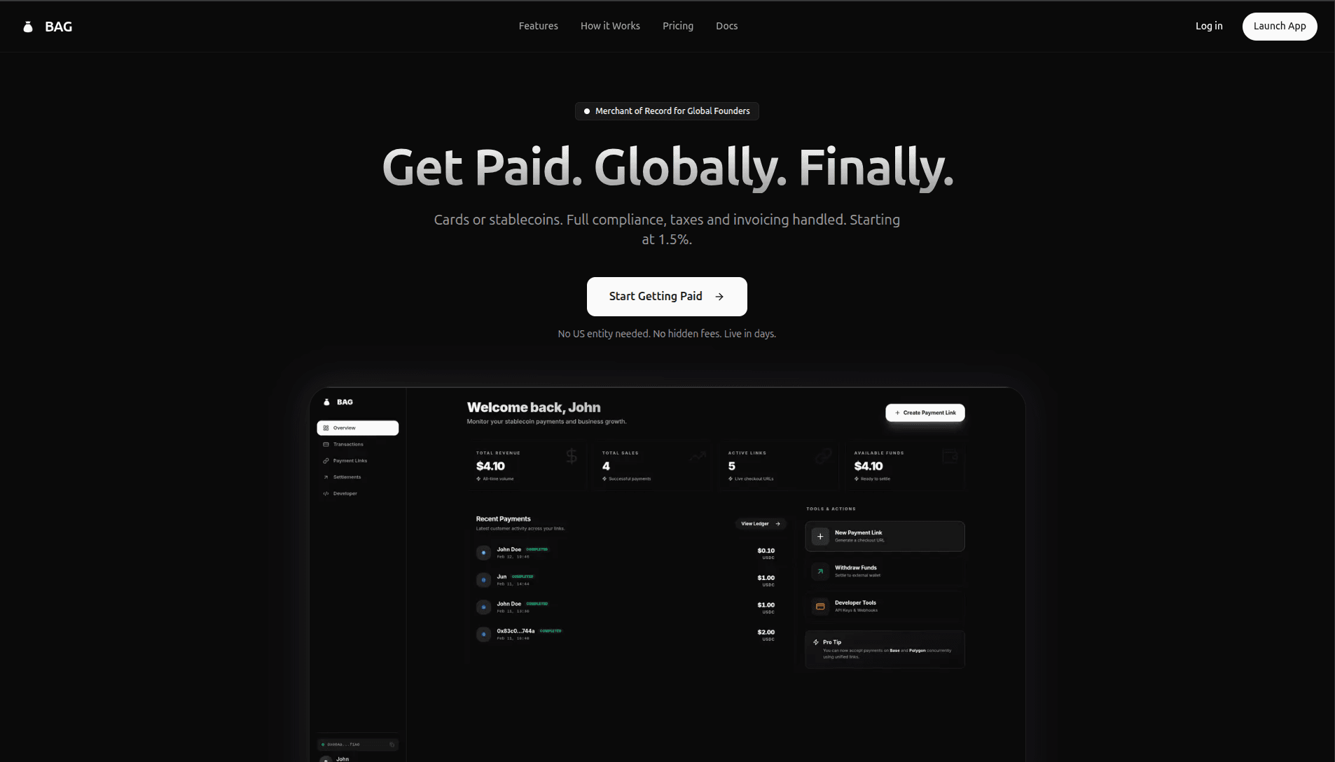 Bags - pay-per-call APIs for AI agents project screenshot showing the application interface and features